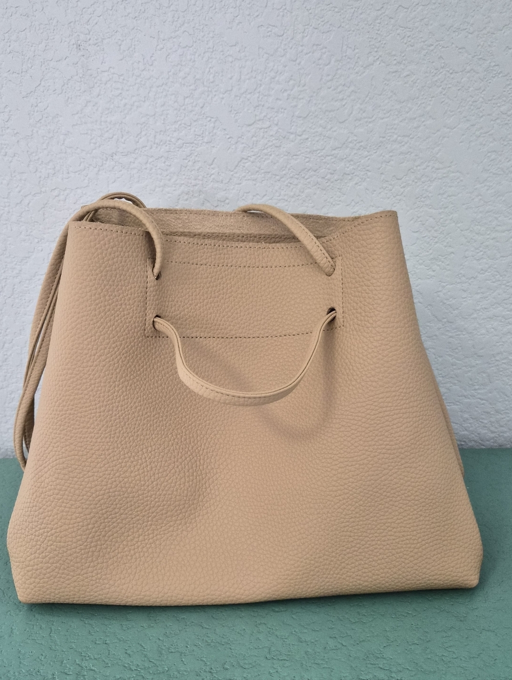 Tan Pebbled Vegan Leather Slouchy Bucket Bag - Picture 5 of 14